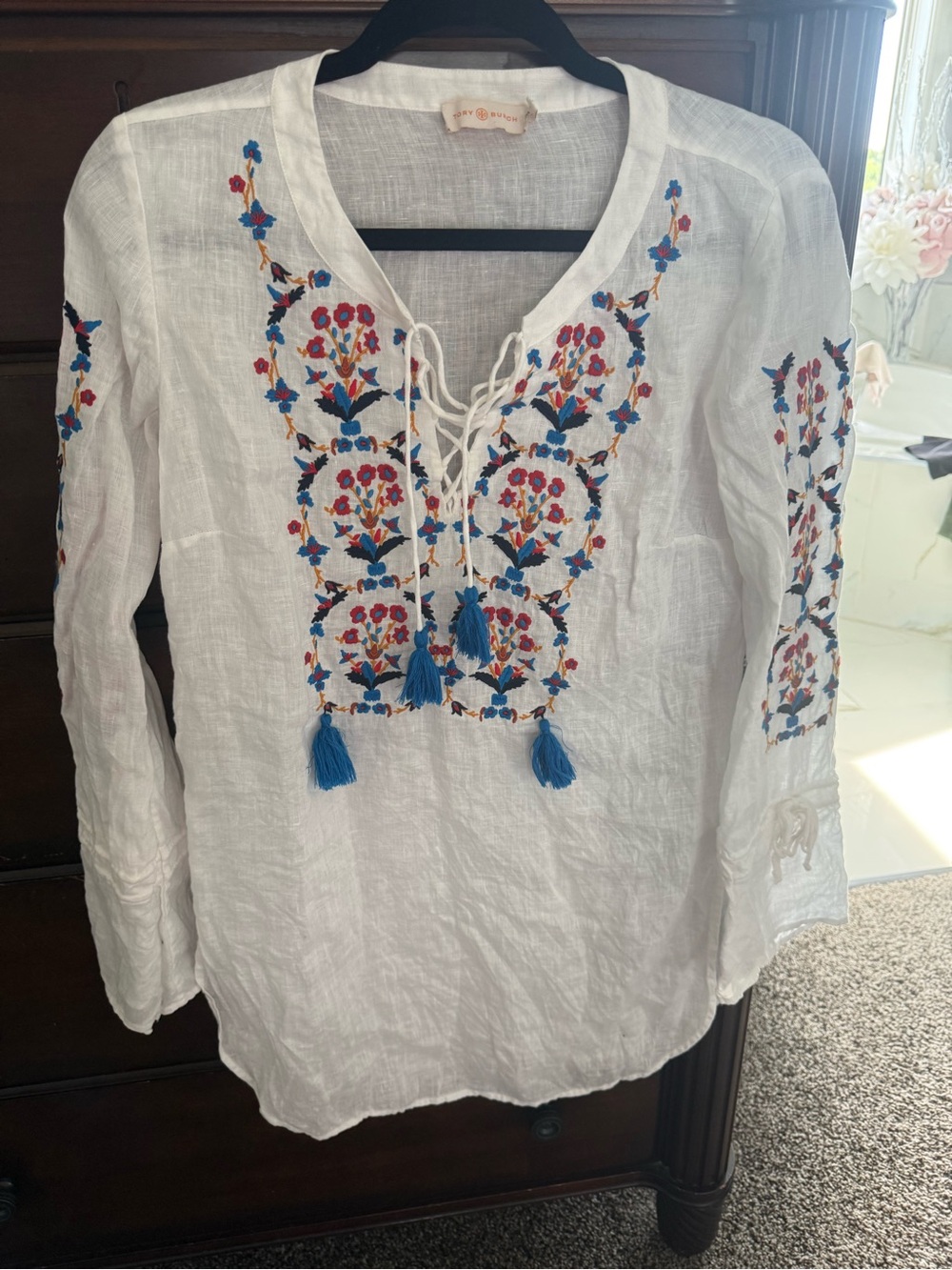 Tory Burch White Linen Embroidered Tunic with Blue Tassels